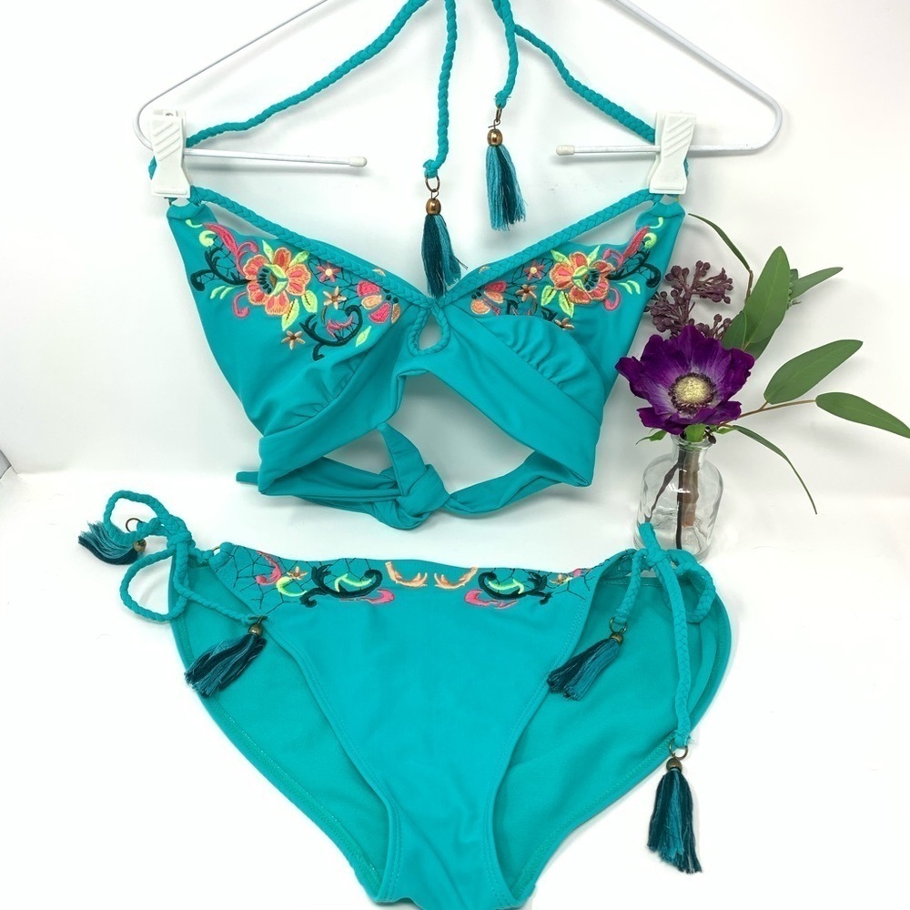 Bohemian Teal Turquoise Floral Embroidered Two Piece Bikini Swim Suit Size Small - Picture 2 of 16